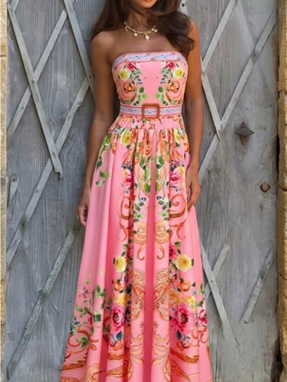 Women's Strapless Pink Floral swimsuit with matching skirt